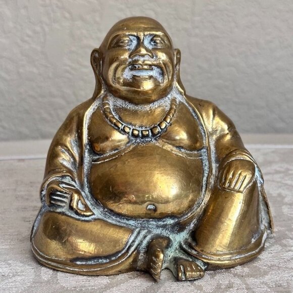 Vintage Solid Brass Laughing Buddha 4" Tall - Picture 1 of 6